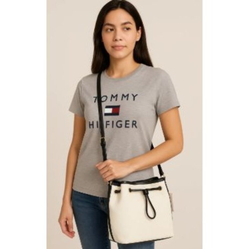 Tommy Hilfiger Pebbled Leather Bucket Bag  Adjustable Strap Drawstring Closure